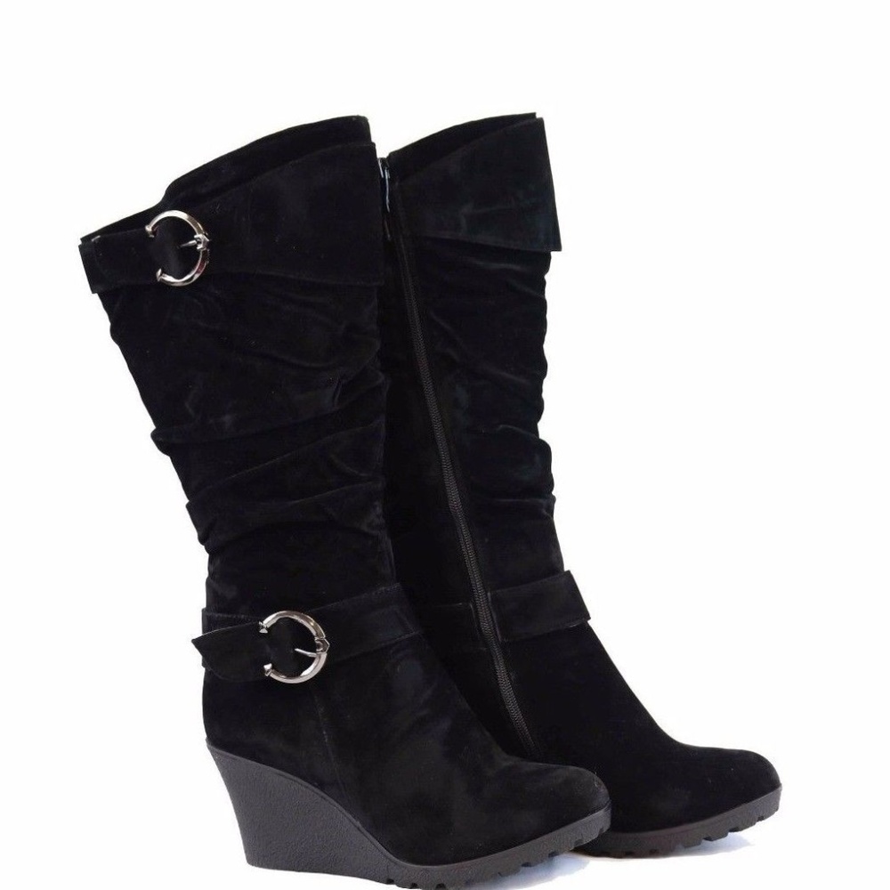 Black Wedge Tall Heel Mid Calf Slouchy Boots NEW